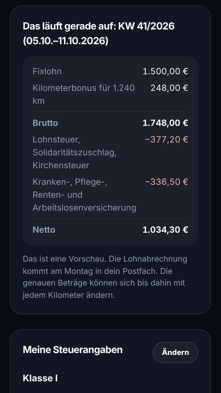 Mein Konto mit Lohnvorschau im NordCargo Fahrerportal